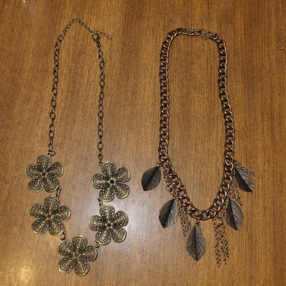Lot of 2 Bronze Tone Statement Necklaces Floral Filigree Leaf Charm Boho Nature